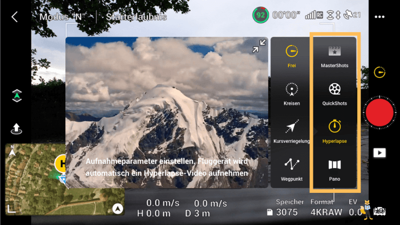 Die Auswahl an Videofunktionen für die DJI Mini 3 Pro in der DJI Fly App.
